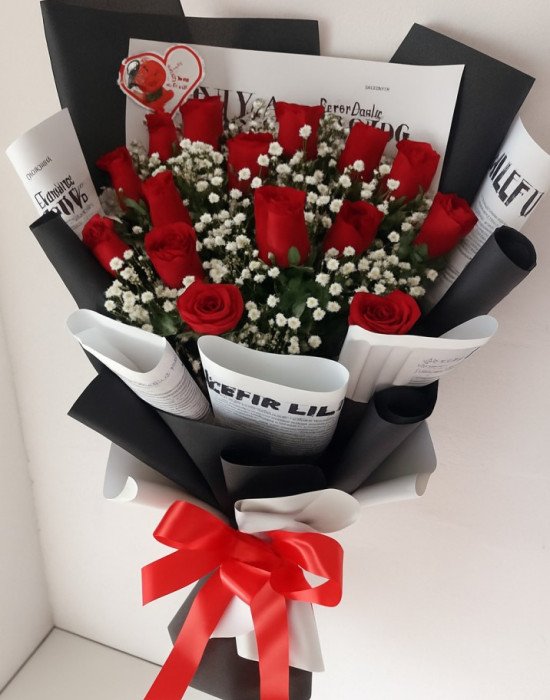 Scarlet Charm – 20 Red Roses Flat Bunch (Korean Wrap)