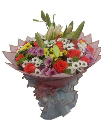 Floral Harmony – Mixed Flowers Hand Bouquet in Korean Wrap