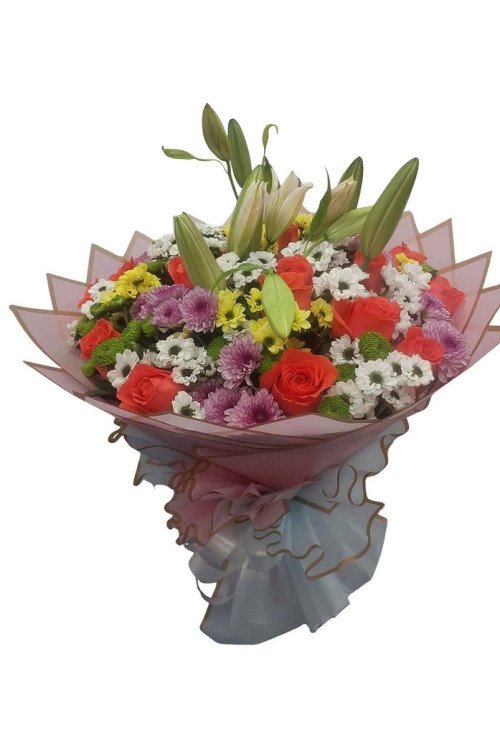 Floral Harmony – Mixed Flowers Hand Bouquet in Korean Wrap