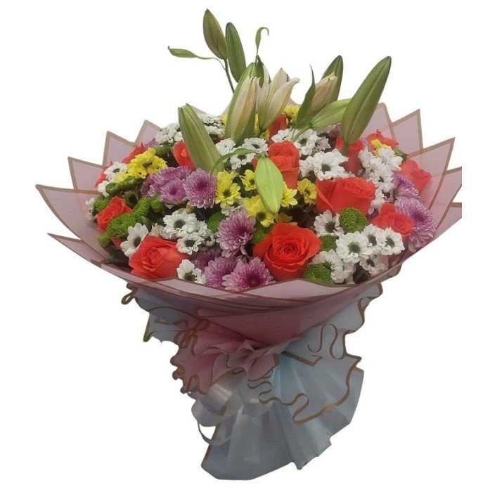 Mixed Flowers Premium Hand Bouquet with Roses and Chrysanthemums