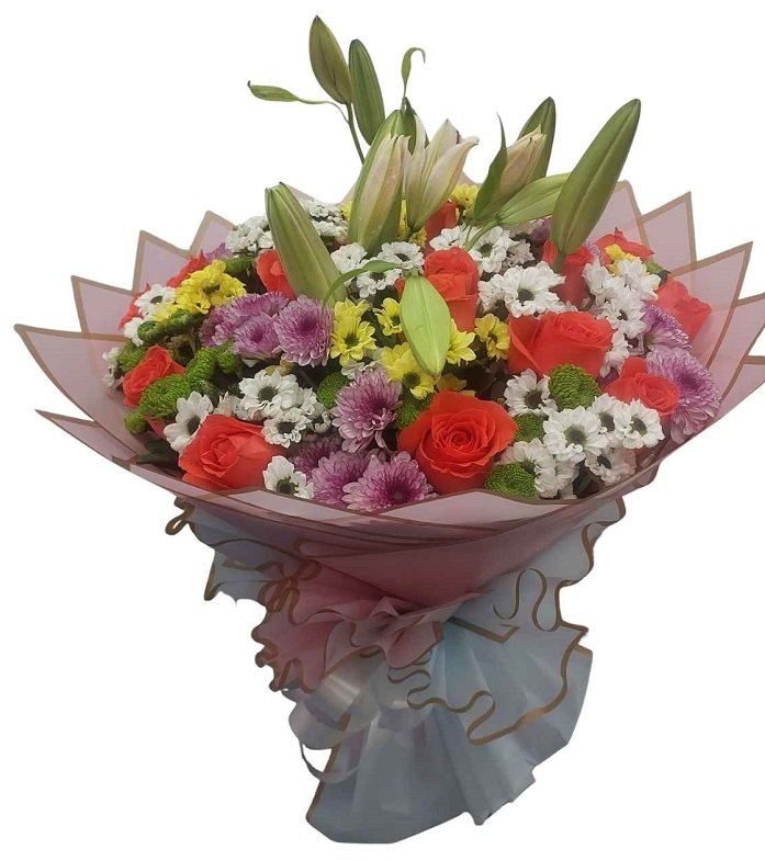 Floral Harmony – Mixed Flowers Hand Bouquet in Korean Wrap