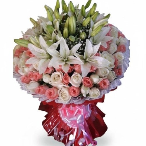 Premium White Lilies & Pink Roses Bouquet