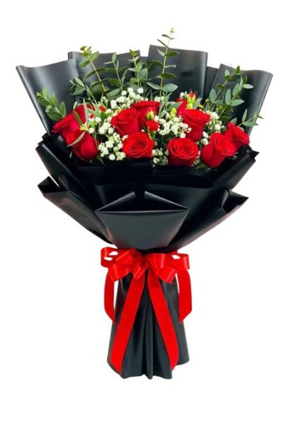 Red Roses Bouquet Black Korean Paper