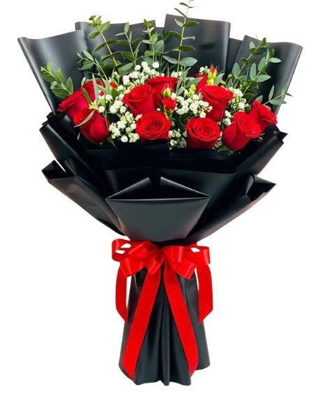 Red Roses Bouquet Black Korean Paper