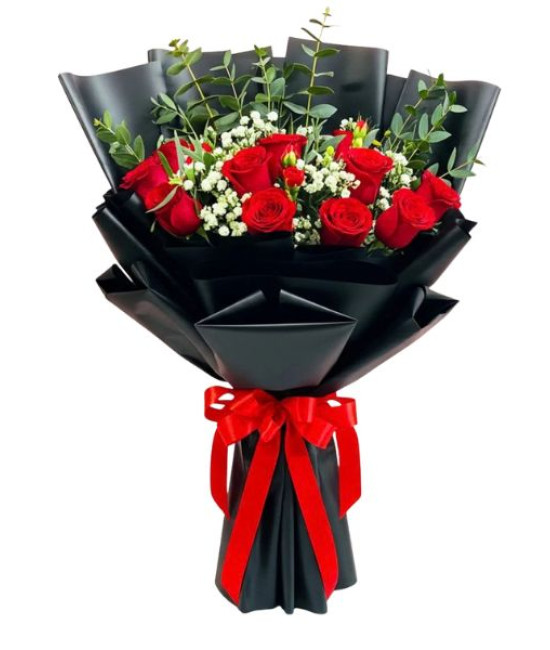 Red Roses Bouquet Black Korean Paper
