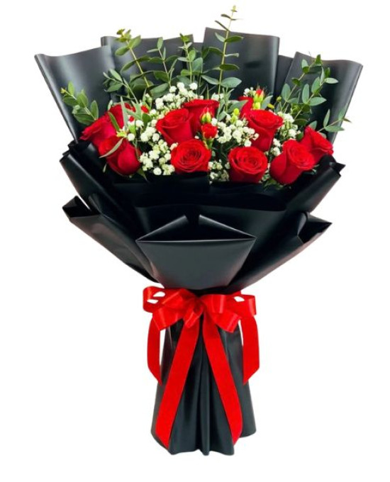 Red Roses Bouquet Black Korean Paper