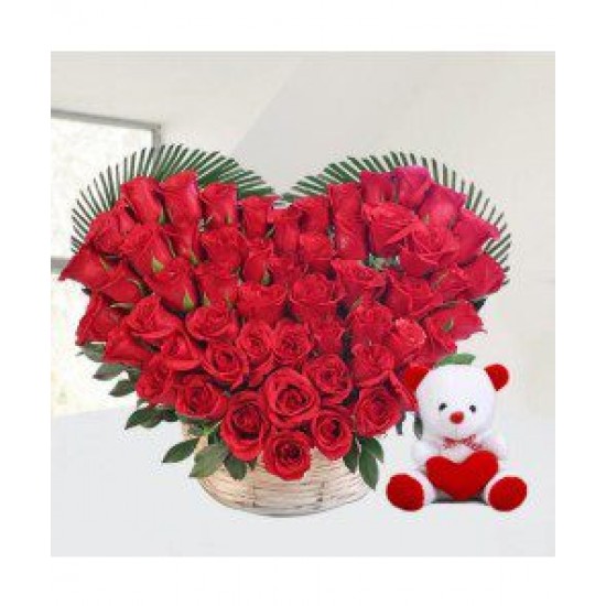 Red roses heart with teddy