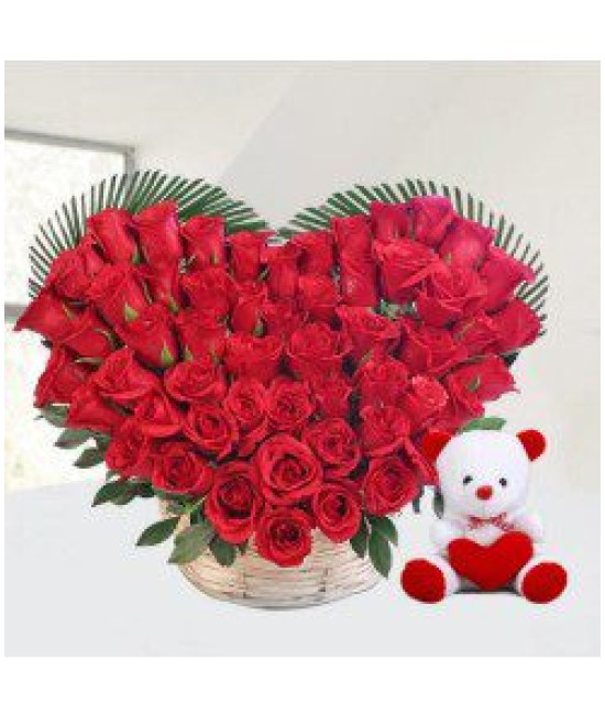 Red roses heart with teddy