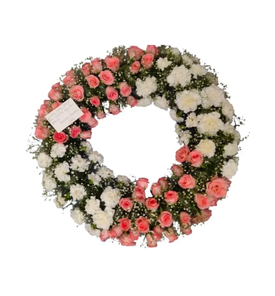 Premium pink roses and white carnations flower wreath arrangement